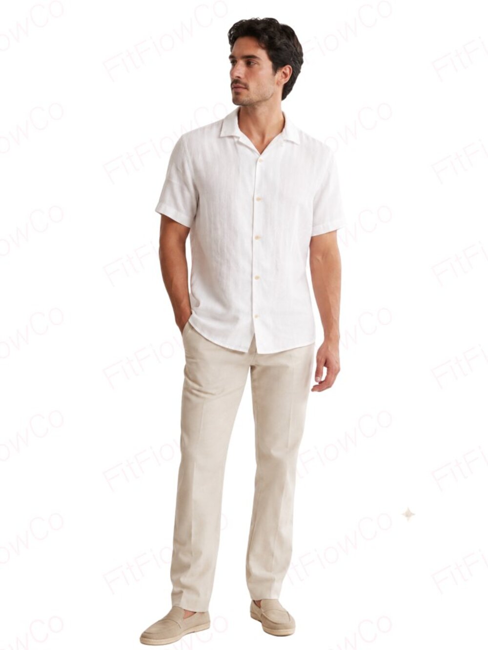ZARA Men Cotton Linen Button Up Shirt White Short Sleeve Size M